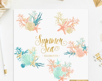 Acquerello Sea ClipArt Summer Nautical Elements Set Intant Download Digital Seashell Starfish Coral Blue Mint Peach Gold Ad alta risoluzione PNG