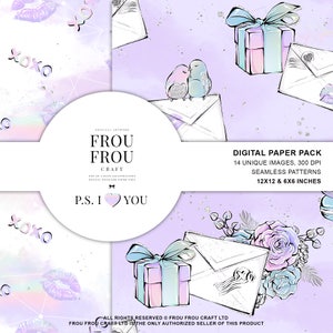 May include: Digital paper pack with a watercolor design. The design includes illustrations of envelopes, gifts, birds, and floral elements in pastel colors. The text "XOXO" and "P.S. I love you" are also included. The pack contains 14 unique images, 300 DPI, and seamless patterns.
