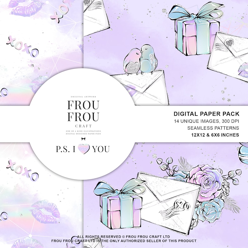 May include: Digital paper pack with a watercolor design. The design includes illustrations of envelopes, gifts, birds, and floral elements in pastel colors. The text "XOXO" and "P.S. I love you" are also included. The pack contains 14 unique images, 300 DPI, and seamless patterns.