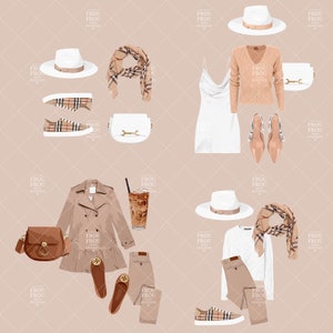 Pu&ograve; includere: Quattro diverse combinazioni di outfit che includono un abito bianco a slip, un maglione beige, un maglione bianco, un trench beige, un cappello bianco, un cappello marrone, un paio di pantaloni beige, un paio di scarpe marroni, un paio di sneakers bianche, un paio di mocassini marroni, una borsa bianca, una borsa marrone, una sciarpa e un bicchiere di caff&egrave; freddo.