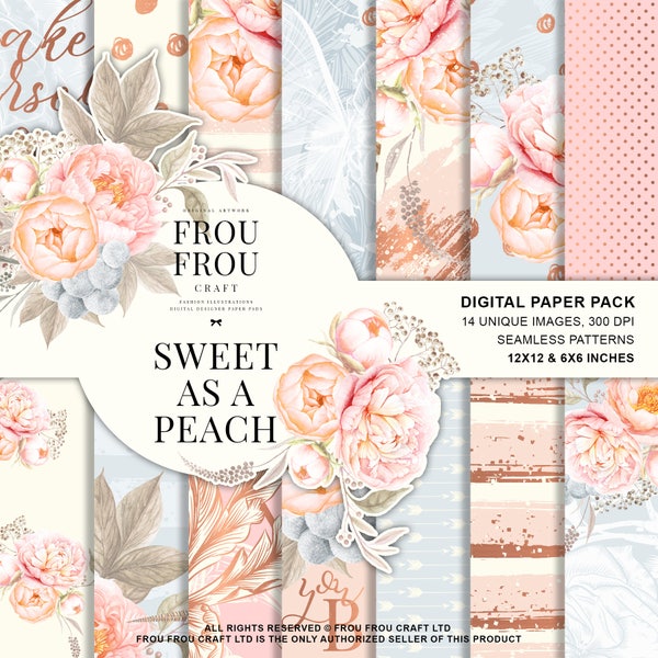 Pastel Floral Paper Pack, Peach Blue Wedding, Watercolor Flowers Wedding Designer Paper Pad, Bridal Planner Stickers, Feminine Fabric, Peony