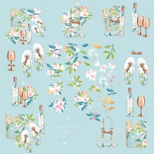 May include: A blue background with a variety of floral and botanical illustrations. There are two floral tote bags, two floral wine bottles, two pairs of floral flip flops, two floral notebooks, and several floral sprigs. The illustrations are in a watercolor style and have a delicate, feminine feel.