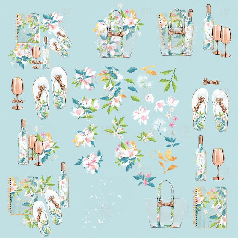 May include: A blue background with a variety of floral and botanical illustrations. There are two floral tote bags, two floral wine bottles, two pairs of floral flip flops, two floral notebooks, and several floral sprigs. The illustrations are in a watercolor style and have a delicate, feminine feel.
