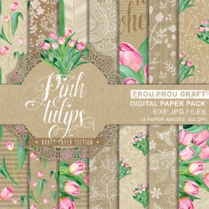 Pink Tulips Kraftpapier Aquarell Frühling Blumen Digital Paper Pack Instant Download Grün Weiß Rosa Persönliche Nutzung 10x10 cm