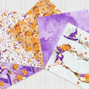Peut inclure: Un ensemble de quatre papiers num&eacute;riques sur le th&egrave;me d'Halloween avec des citrouilles, des sorci&egrave;res et une palette de couleurs violette et blanche.