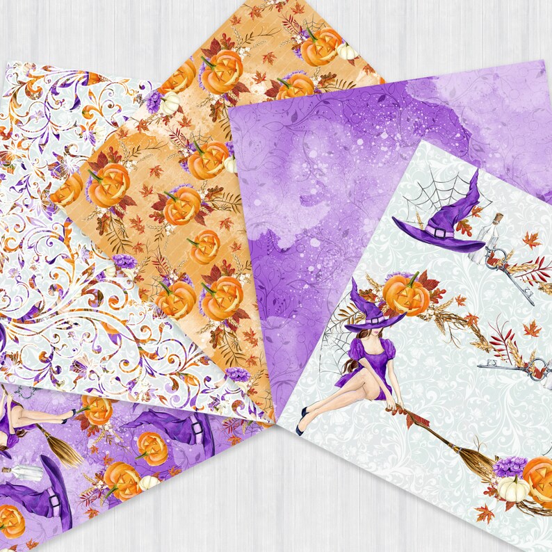 Peut inclure: Un ensemble de quatre papiers num&eacute;riques sur le th&egrave;me d'Halloween avec des citrouilles, des sorci&egrave;res et une palette de couleurs violette et blanche.