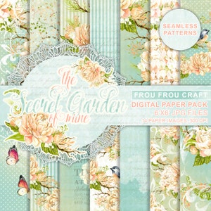 Peonie Digital Paper Pack Acquerello Pesca Peonia Seamless Pattern Vintage Retrò Romantico Ripetibile Uccelli Farfalle Download istantaneo 6x6