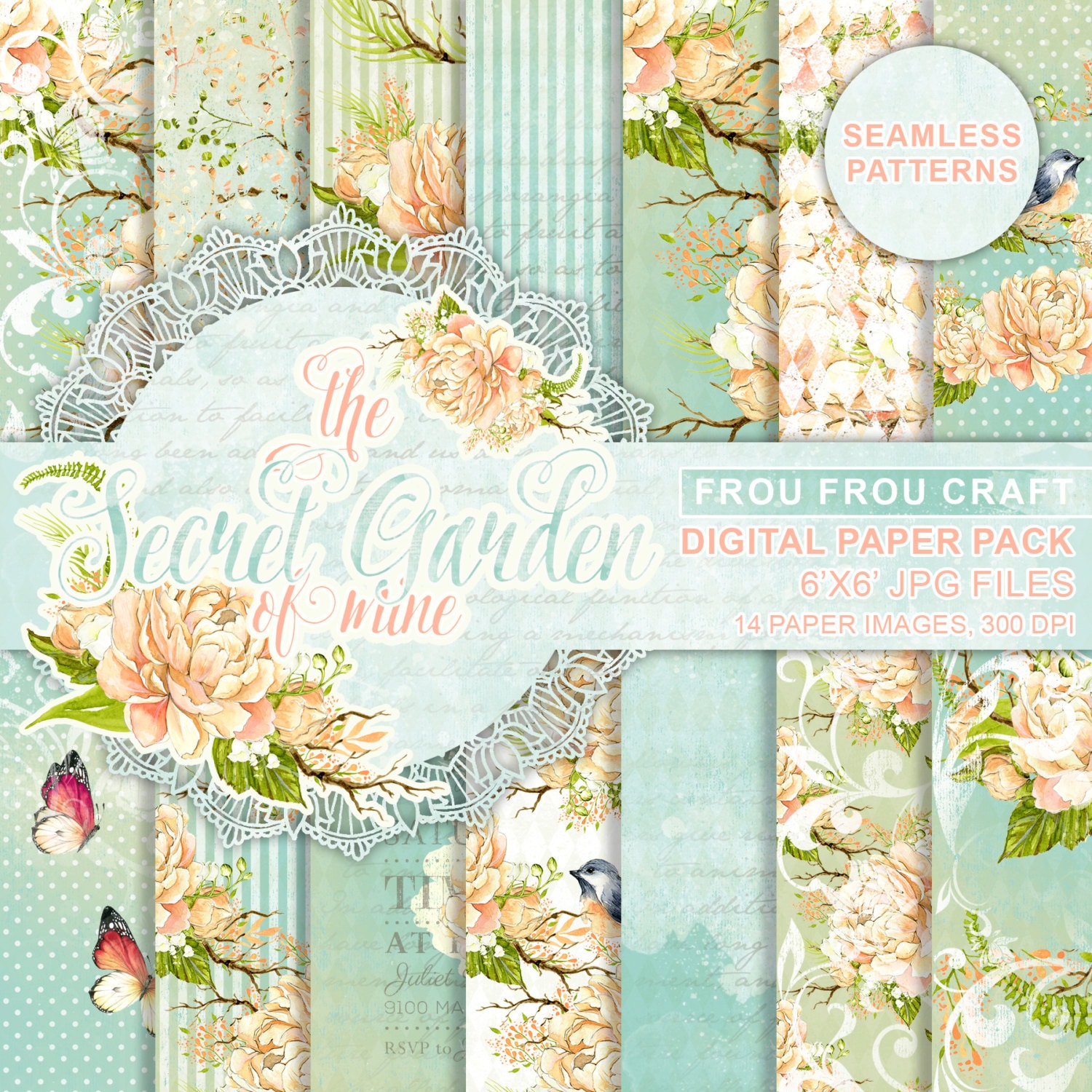 Peonies Digital Paper Pack Watercolor Peach Peony Seamless Patterns ...