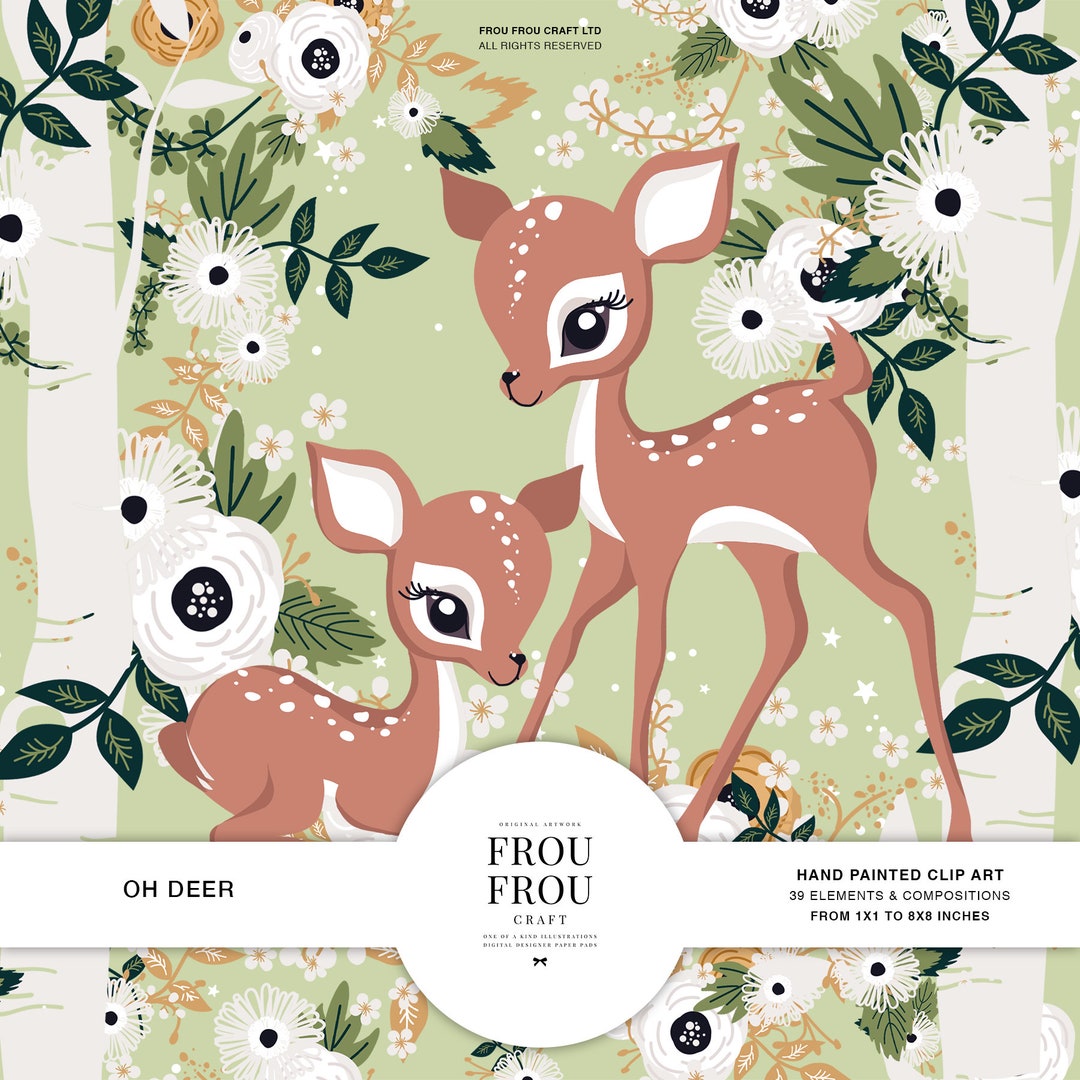 Floral Clipart, Woodland Clip Art, Cute Deer Digital Print, Easter