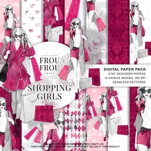 Fashion Paper Pack Shopping Planner Girl Blog Theme Pink Girly Digital Backgrounds Watercolor Seamless Patterns Best Friends Backdrop