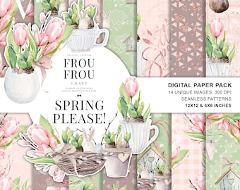 May include: A digital paper pack with 14 unique images and seamless patterns. The images feature spring-themed designs with tulips, bunnies, birds, and nests. The patterns are in pink, green, and brown colors. The pack includes 12x12 and 6x6 inch patterns. The text "Frou Frou Craft" and "Spring Please!" is included in the image.