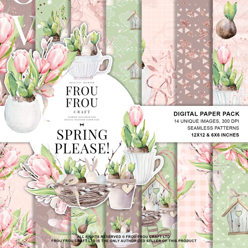 Spring Paper Pack, Easter Digital Planner Stickers, Pastel Designer Paper Pad, Floral Fabric, Cute Bunny Phone Wallpaper Watercolor Backdrop 