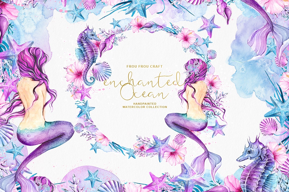 Mermaid Clipart Watercolor Sea Underwater Illustration Starfish Siren Seashell Seahorse DIY Pack Summer Collage Sheet Pink Purple Blue