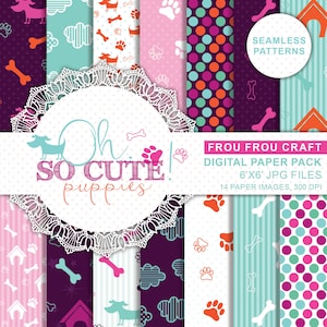 May include: A digital paper pack with 14 seamless patterns featuring cute puppy designs. The patterns include paw prints, bones, dog houses, and polka dots in various colors. The pack includes 6x6 inch JPG files at 300 DPI. The text "Oh So Cute! Puppies" is featured on the image.