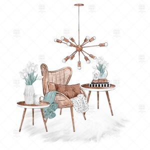 May include: A wicker armchair with a brown cushion and a teal throw blanket sits next to a small wooden side table. A bouquet of white tulips is in a vase on a second side table. A modern light fixture with multiple bulbs hangs from the ceiling.