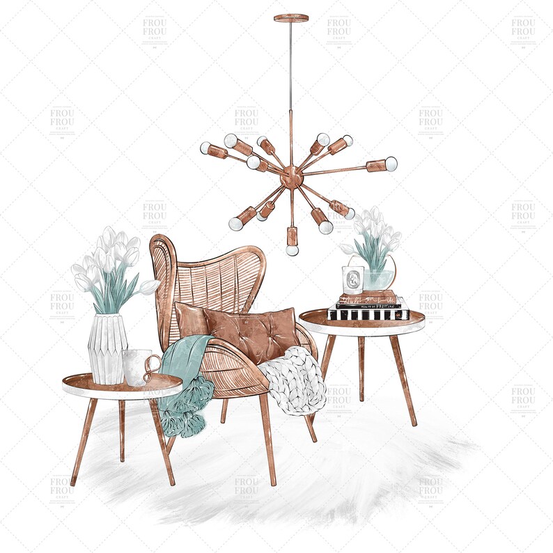 May include: A wicker armchair with a brown cushion and a teal throw blanket sits next to a small wooden side table. A bouquet of white tulips is in a vase on a second side table. A modern light fixture with multiple bulbs hangs from the ceiling.
