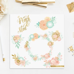 Peach Mint Flowers ClipArt Intant Download Digital Blush Pink Sage Blue Green Watercolor High Resolution Floral Baby Wedding Invitation DIY