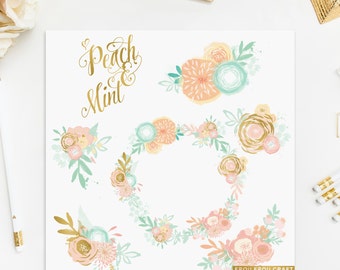 Può includere: Set di clipart digitale Peach & Mint con cinque composizioni floreali in tonalità pesca, verde menta e oro. Le composizioni includono ghirlande, bouquet ed elementi floreali singoli.