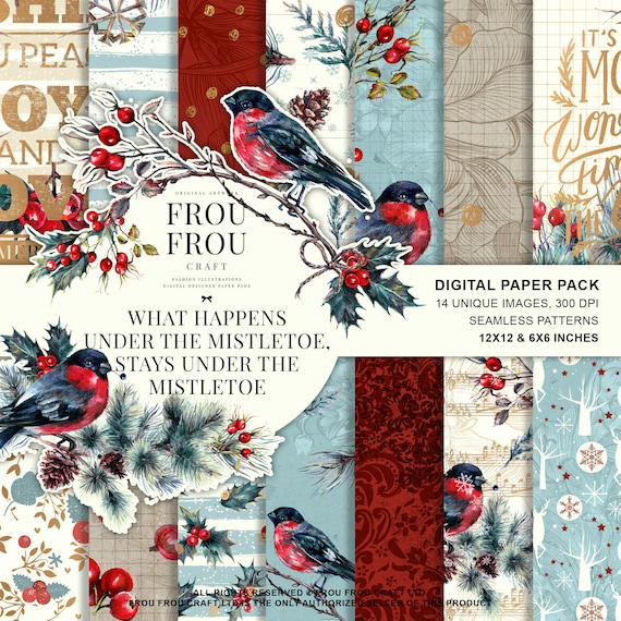 Christmas Paper Pack, Watercolor Christmas Digital Designer Pad, Winter Xmas Fabric, Retro Christmas Planner Stickers, Xmas Phone Wallpaper