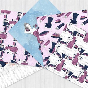 May include: Four digital paper designs featuring a woman in a pink dress and a crown. The designs include a blue and white marble pattern, a pink and white pattern with a crown and a chair, a white pattern with musical notes and a pink and white pattern with a crown and a chair.