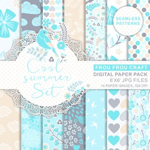 May include: A set of 14 digital paper patterns in a cool summer theme. The patterns feature a variety of designs, including flowers, birds, hearts, clouds, and polka dots. The colours are light blue, grey, and beige. The papers are 6 inches by 6 inches and 300 DPI.