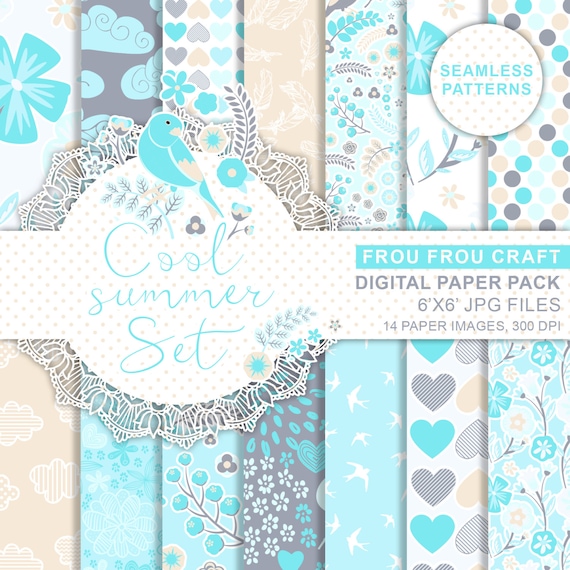 Mint Blue Birds Instant Download Seamless Patterns Baby Beach Summer Clouds Green White Hearts Fresh Colorful Floral Background 6x6 Inches
