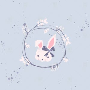 May include: A white bunny with pink ears and a blue and white polka dot bow is framed by a wreath of delicate white flowers on a light blue background.