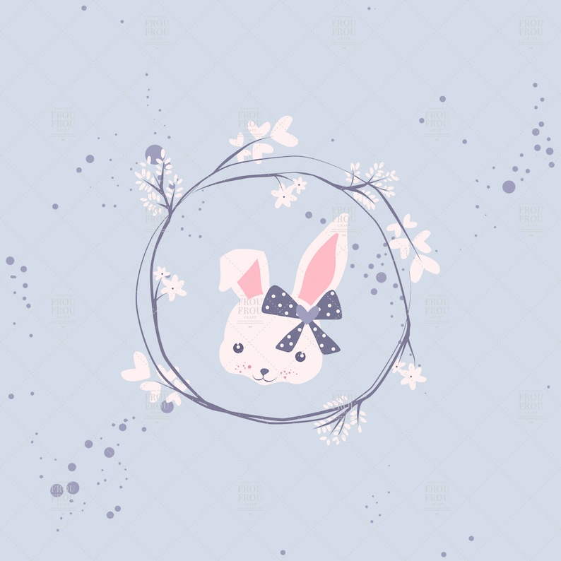 May include: A white bunny with pink ears and a blue and white polka dot bow is framed by a wreath of delicate white flowers on a light blue background.