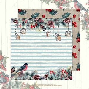 May include: A digital paper pack with two designs featuring a winter holiday theme. The first design has a blue and white striped background with a garland of pine branches, red berries, and hanging ornaments. The second design has a brown burlap background with a repeating pattern of holly leaves and red berries.