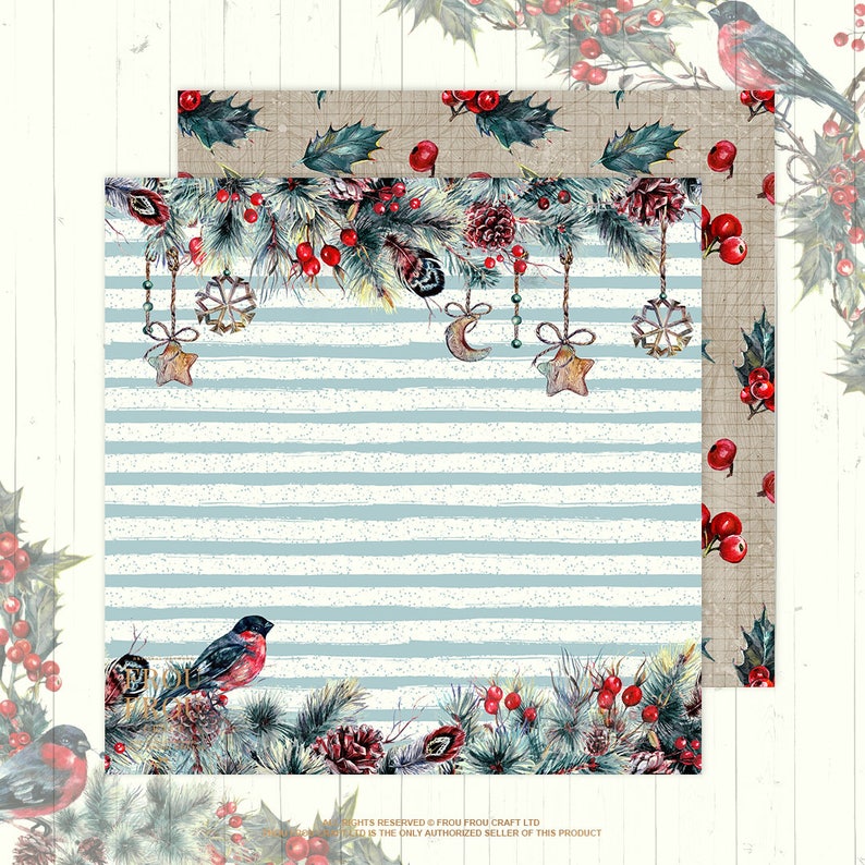 May include: A digital paper pack with two designs featuring a winter holiday theme. The first design has a blue and white striped background with a garland of pine branches, red berries, and hanging ornaments. The second design has a brown burlap background with a repeating pattern of holly leaves and red berries.