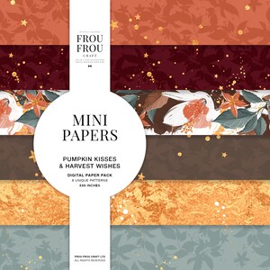 May include: A digital paper pack with six unique patterns featuring autumnal themes. The patterns include gold stars, leaves, and a pumpkin kiss design. Each pattern is 6x6 inches.