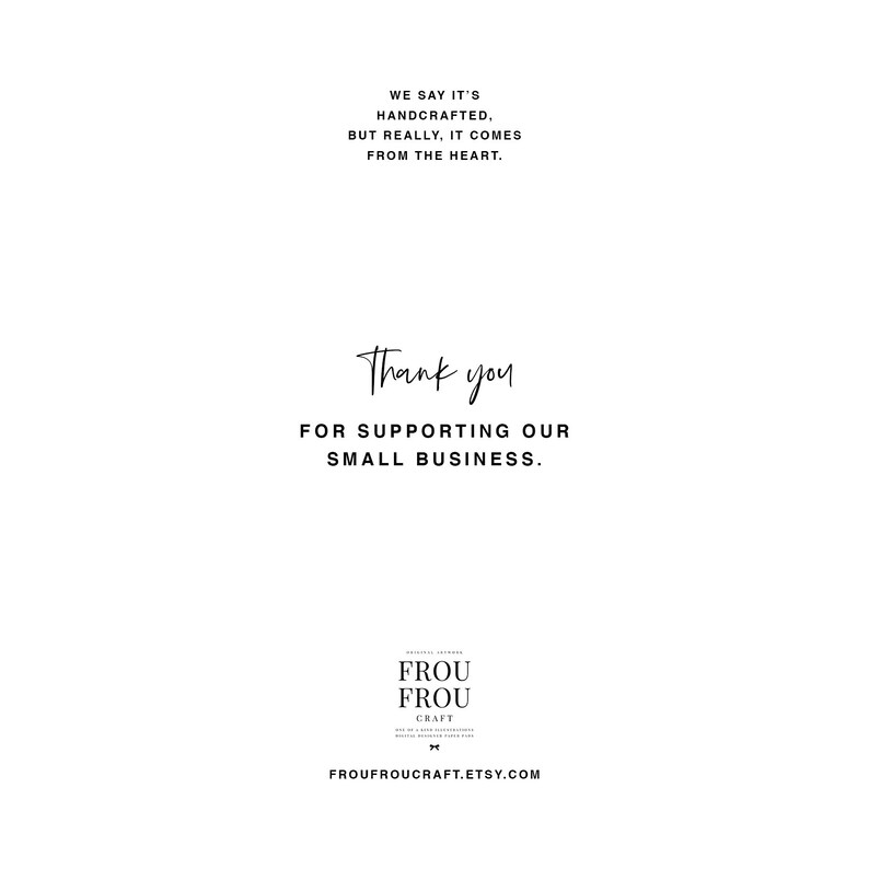 Peut inclure: Merci de soutenir notre petite entreprise. Un graphique de texte noir et blanc avec les mots "Merci de soutenir notre petite entreprise". En dessous du texte se trouve un logo pour Frou Frou Craft avec le texte "Frou Frou Craft" et l'adresse du site Web "froufroucraft.etsy.com".