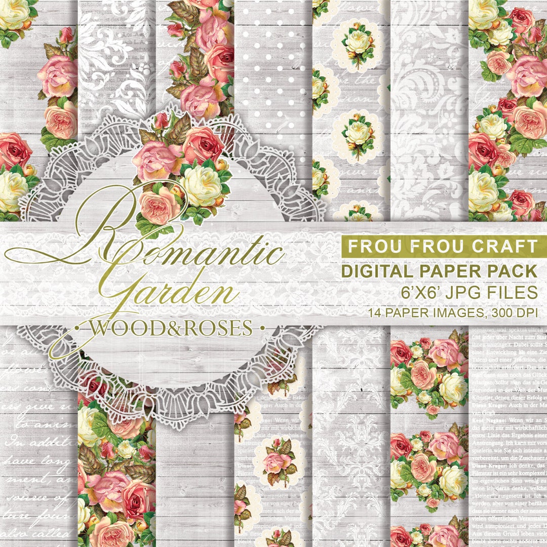Roses and Wood Digital Paper Pack Instant Download Shabby Chic Romantic ...