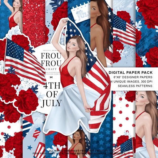 4th of July Paper Pack, Memorial Day Paper Pack, Independence Day Seamless Patterns, American Flag Fabric, Fashion Girl Illustration, USA