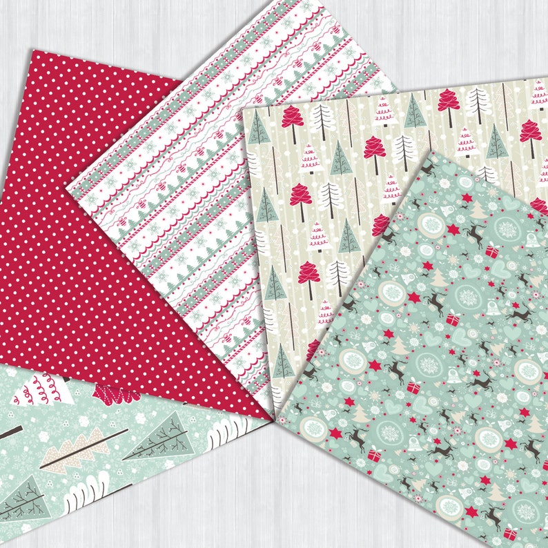 Christmas Digital Paper Pack, Seamless Pattern, Seasonal Digital Pattern, Red Blue Xmas Digital Wrap Paper, Retro Winter Digital Background image 2