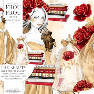 La Bella y la Bestia Clipart Belle Princess Clip Art Fashion Girl Ilustración Romántico Cuento de hadas Rosas rojas Planificador Suministros Pegatinas de oro