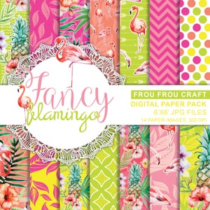 May include: A digital paper pack with 14 images featuring pink flamingos, pineapples, tropical leaves, and geometric patterns in shades of pink, green, and yellow. The images are 6 inches by 6 inches and 300 DPI. The text "Fancy Flamingos" is in a white circle with a lace border.