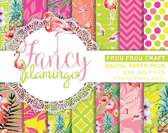May include: A digital paper pack with 14 images featuring pink flamingos, pineapples, tropical leaves, and geometric patterns in shades of pink, green, and yellow. The images are 6 inches by 6 inches and 300 DPI. The text "Fancy Flamingos" is in a white circle with a lace border.