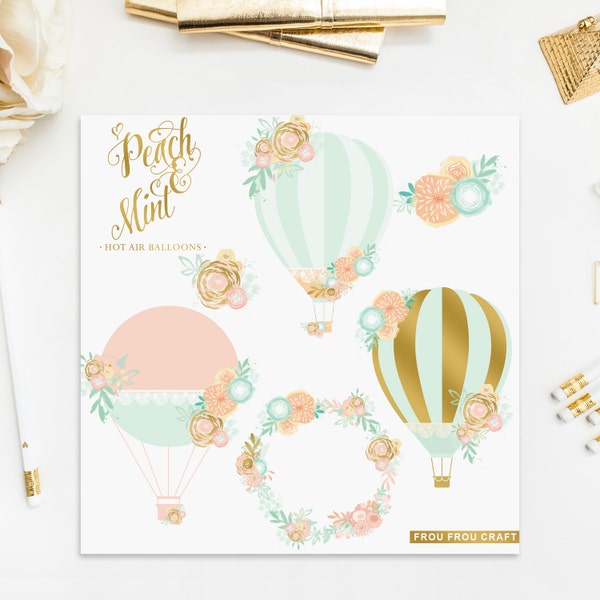 Peach and Mint Hot Air Balloons Flowers ClipArt Intant Download Gold Foil, Digital Pink Blue Yellow, Baby Invitation Wedding DIY Pack