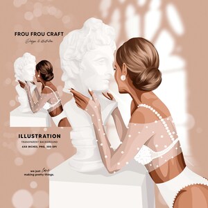 Peut inclure: Une illustration numérique d'une femme en robe blanche avec des embellissements de perles, embrassant un buste en marbre blanc d'un homme. L'arrière-plan est de couleur pêche douce avec une lumière blanche floue.