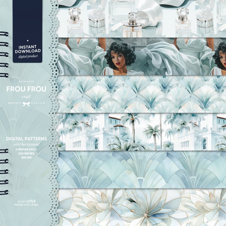 K&ouml;nnte beinhalten: Ein Set mit sechs digitalen Mustern, die eine Vielzahl von Designs umfassen, darunter eine tropische Szene mit Palmen und einem wei&szlig;en Geb&auml;ude, ein geometrisches Muster in Blau- und Wei&szlig;t&ouml;nen und ein Blumenmuster mit goldenen Akzenten. Die Muster sind 6x6 Zoll gro&szlig; und haben eine Aufl&ouml;sung von 240 DPI.