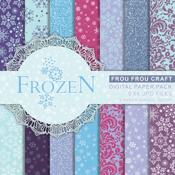 Frozen Digital Paper Pack Instant Download Snowflake Winter Blue Christmas Purple Pink Glitter Sparkle Baby Shower Birthday Kids 6x6 inches