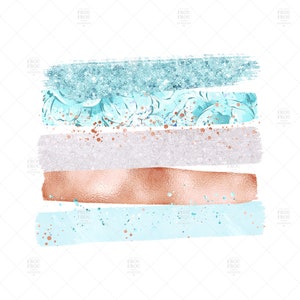May include: Abstract digital art featuring a layered design of blue, white, and rose gold brushstrokes. The design is reminiscent of a beach scene with sand, water, and sunset.