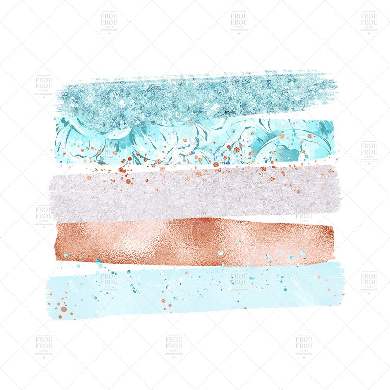 May include: Abstract digital art featuring a layered design of blue, white, and rose gold brushstrokes. The design is reminiscent of a beach scene with sand, water, and sunset.