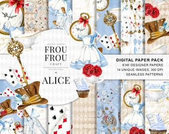 Alice in Wonderland Paper Pack Alice Digital Paper Pack Watercolor Mad Hatter Scrapbook Tea Party Background Fairytale Baby Shower Seamless