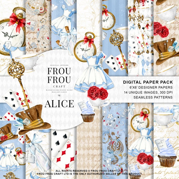 Alice au pays des merveilles Pack de papier Alice Digital Paper Pack Aquarelle Mad Hatter Scrapbook Tea Party Arrière-plan Conte de fées Baby Shower Seamless