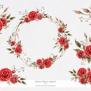 May include: Six watercolor illustrations of red rose bouquets with green leaves and stems. The bouquets are arranged in different configurations, including a wreath. The text "Frou Frou Craft 6 High Quality Bouquets" is at the bottom of the image.