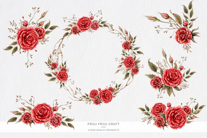 May include: Six watercolor illustrations of red rose bouquets with green leaves and stems. The bouquets are arranged in different configurations, including a wreath. The text "Frou Frou Craft 6 High Quality Bouquets" is at the bottom of the image.