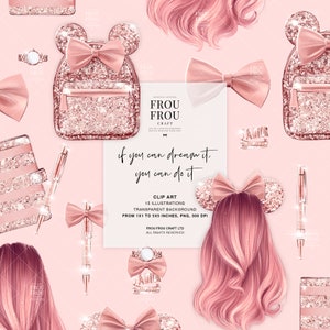 Pink Glitter Clipart, Rose Gold Clip Art, Fairytale Planner Stickers, Cute Fashion Illustration, Printable Wall Art, Planner Stickers