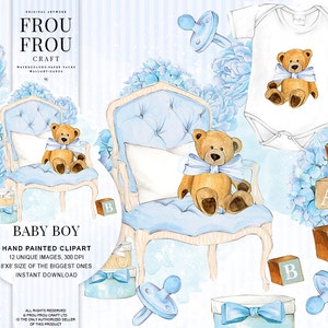 Baby Boy Clipart Baby Clip Art Baby Shower Uitnodiging DIY Pack Aquarel Kinderkamer Pastel Blauw Speelgoed Baby Aankondiging Teddybeer Printable